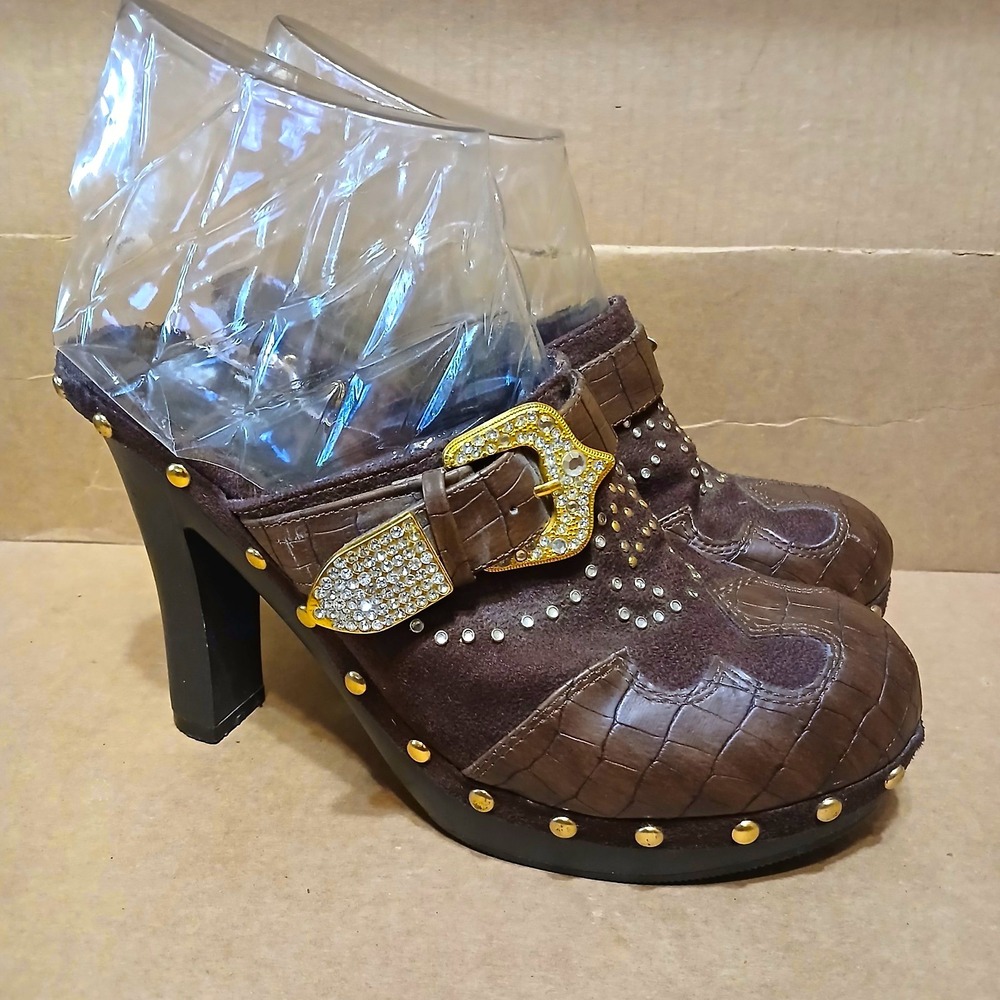 Y2K Wanted Women 8.5 Brown Suede Croc Mule Closed Toe Block Heel Studded Buckle